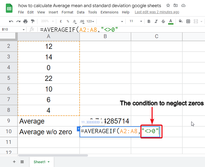 how to calculate Average mean and standard deviation google sheets 10