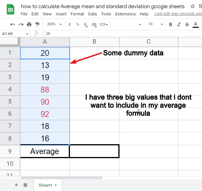 how to calculate Average mean and standard deviation google sheets 12