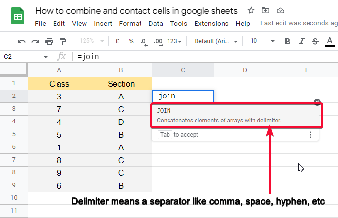how to combine and contact cells in google sheets 2