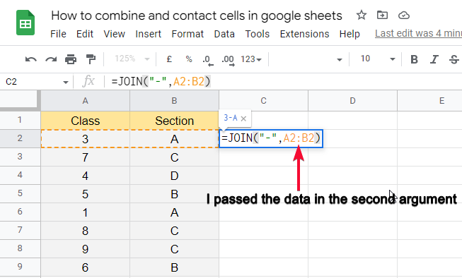 how to combine and contact cells in google sheets 4