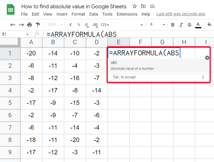how to find absolute value in Google Sheets 7