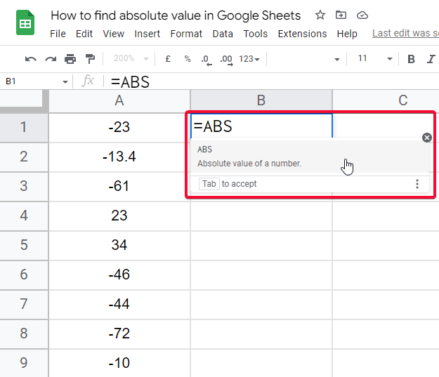 how to find absolute value in Google Sheets 2