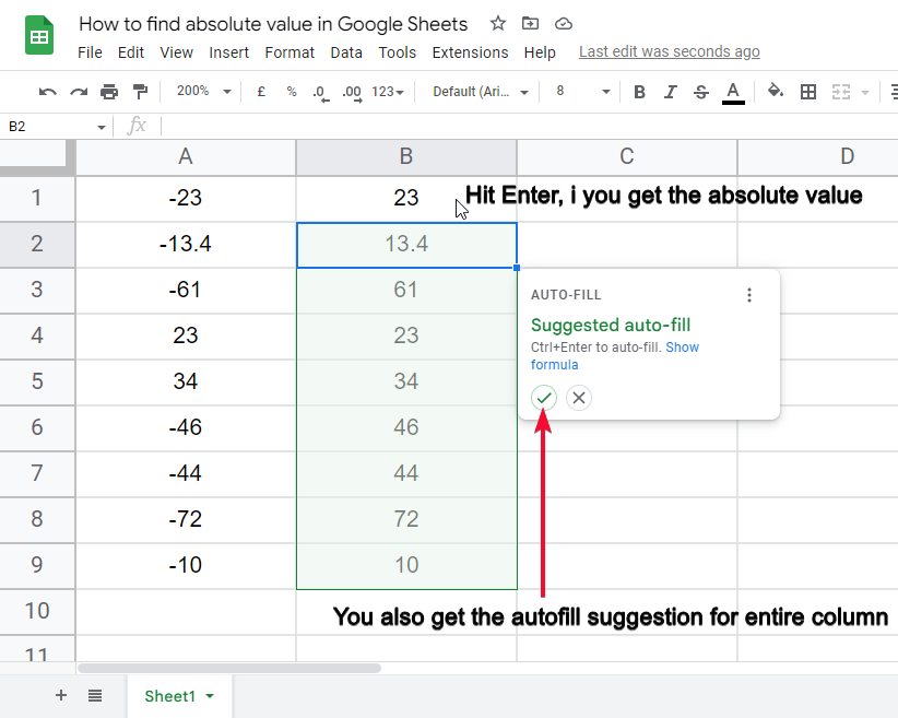 how to find absolute value in Google Sheets 5