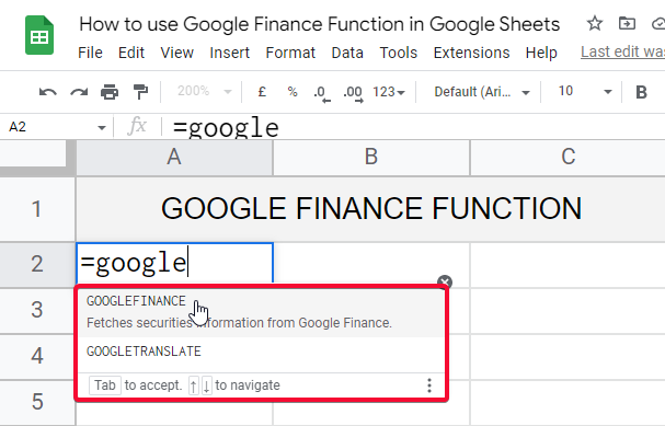 how to use Google Finance Function in Google Sheets 2