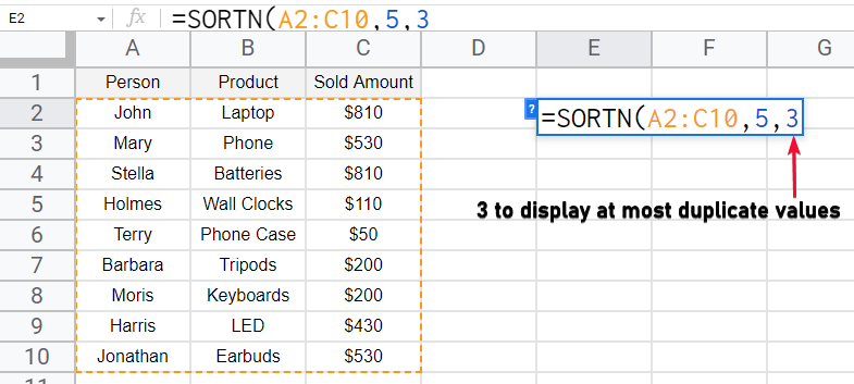 how to use SORTN Function In Google Sheets 9