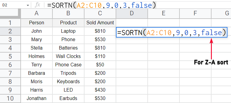 how to use SORTN Function In Google Sheets 14