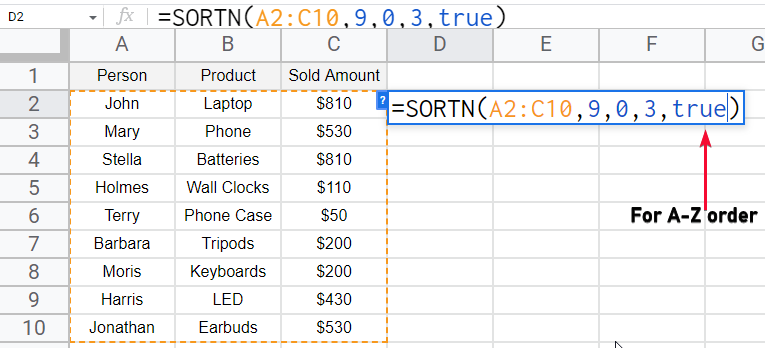 how to use SORTN Function In Google Sheets 15
