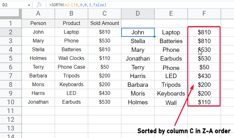 how to use SORTN Function In Google Sheets 16