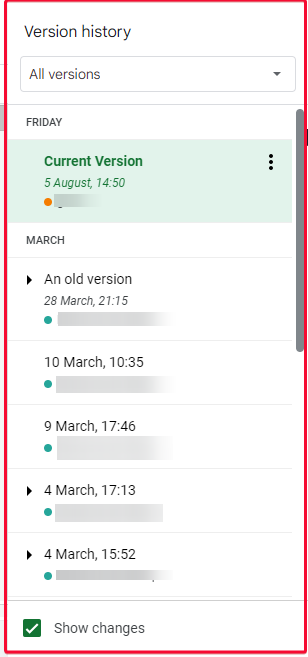 Version History in Google Sheets 2