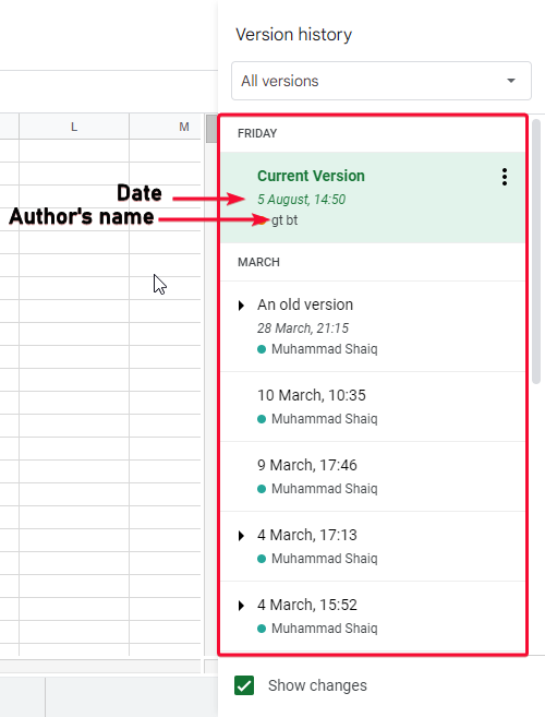 Version History in Google Sheets 5