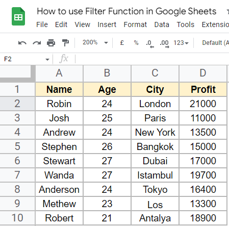 how to use Filter Function in Google Sheets 1
