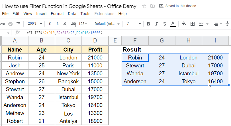 how to use Filter Function in Google Sheets 9