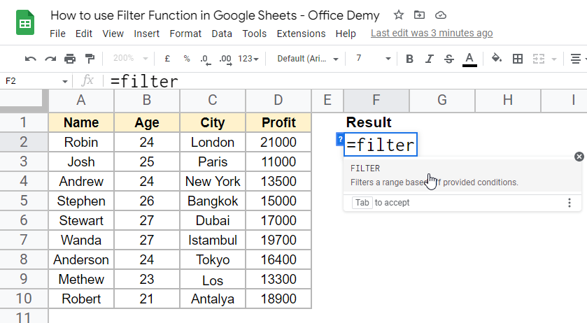 how to use Filter Function in Google Sheets 2
