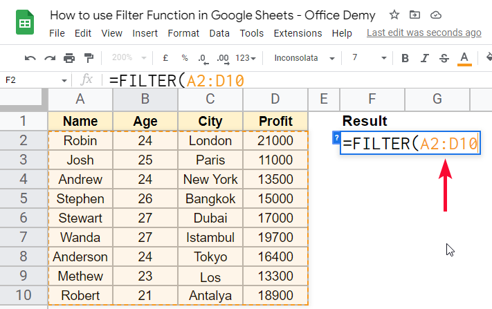 how to use Filter Function in Google Sheets 15