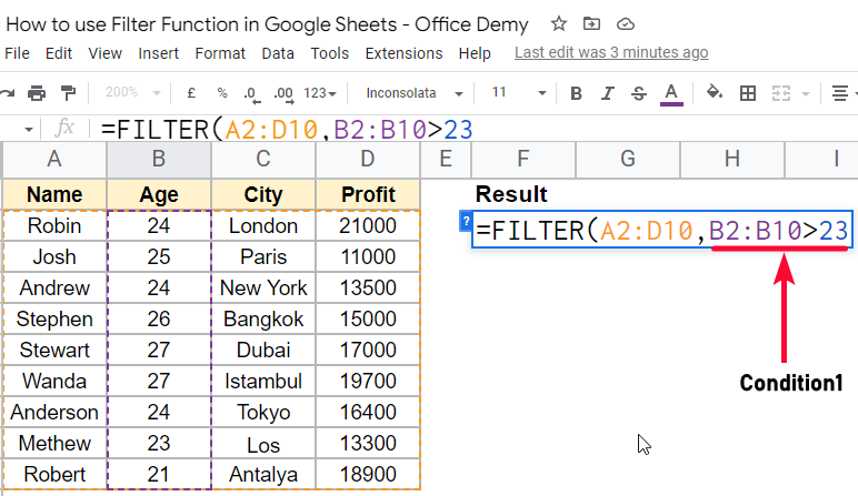 how to use Filter Function in Google Sheets 4