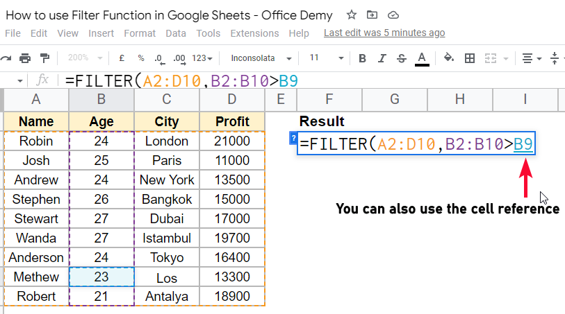 how to use Filter Function in Google Sheets 5