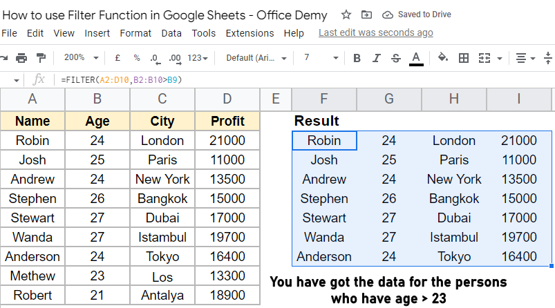 how to use Filter Function in Google Sheets 6