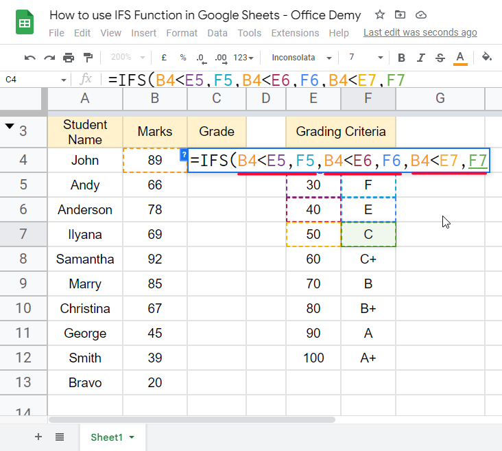 how to use IFS Function in Google Sheets 4