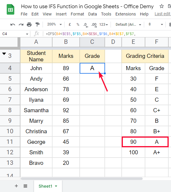 how to use IFS Function in Google Sheets 7