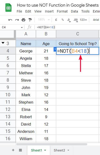 how to use NOT Function in Google Sheets 5