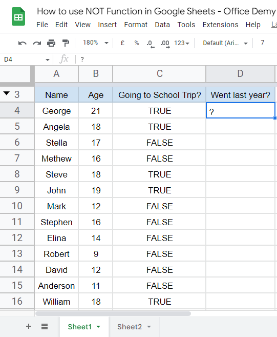 how to use NOT Function in Google Sheets 7