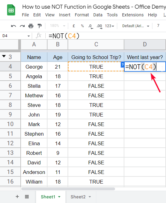how to use NOT Function in Google Sheets 8