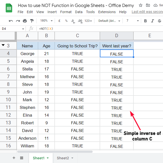 how to use NOT Function in Google Sheets 9
