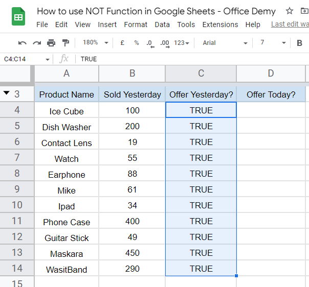 how to use NOT Function in Google Sheets 11
