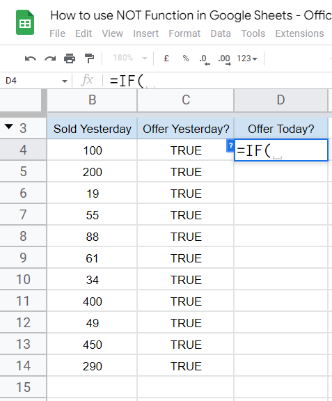 how to use NOT Function in Google Sheets 13