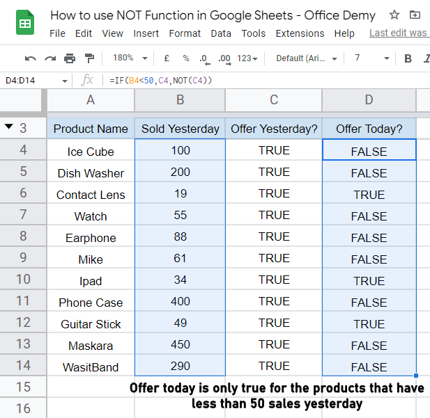 how to use NOT Function in Google Sheets 15