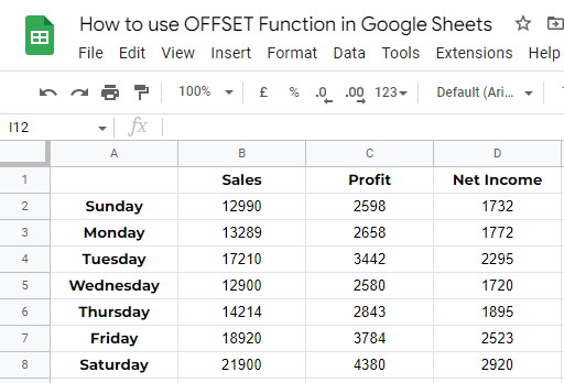 how to use OFFSET Function in Google Sheets 1