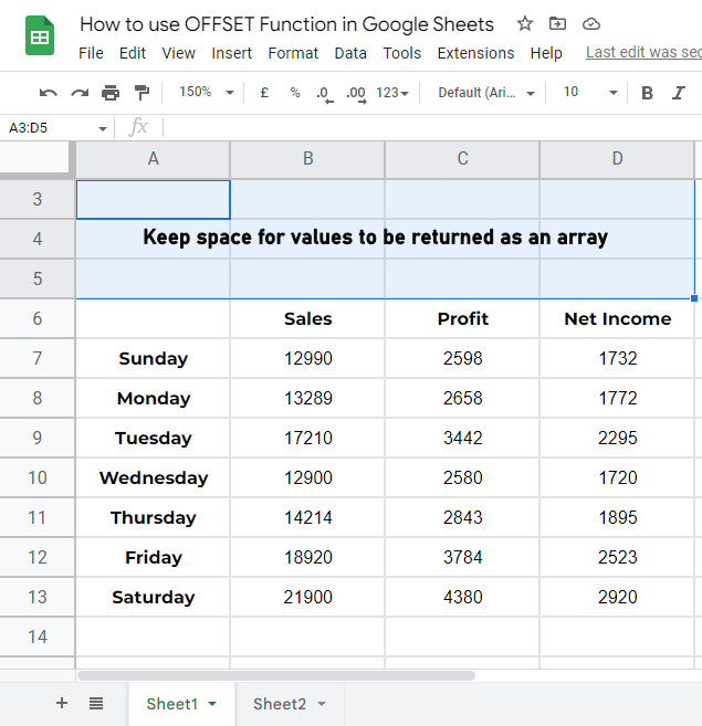how to use OFFSET Function in Google Sheets 8