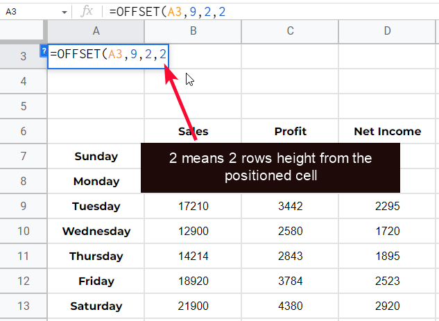 how to use OFFSET Function in Google Sheets 10