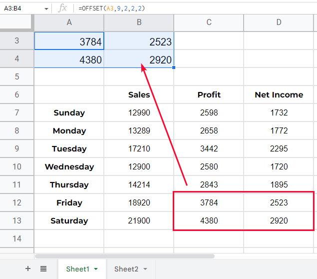 how to use OFFSET Function in Google Sheets 13