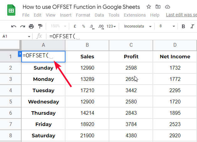 how to use OFFSET Function in Google Sheets 2