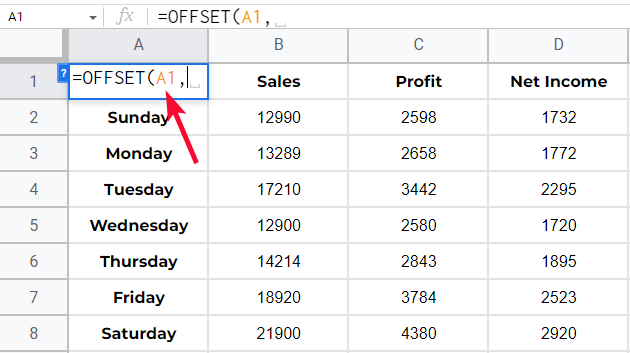 how to use OFFSET Function in Google Sheets 3