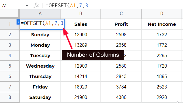 how to use OFFSET Function in Google Sheets 5