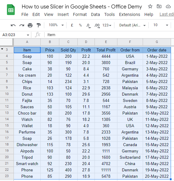 how to use Slicer in Google Sheets 2