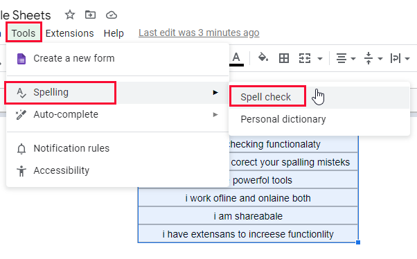 how to use Spell Check in Google Sheets 3