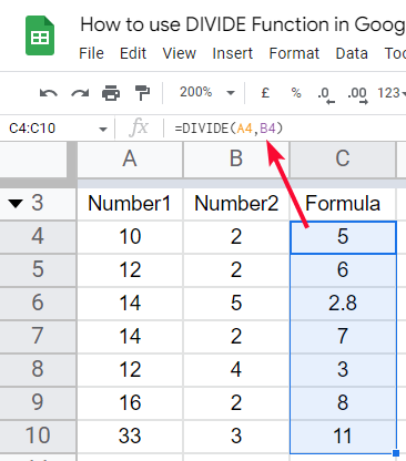 how to use the DIVIDE Function in Google Sheets 11