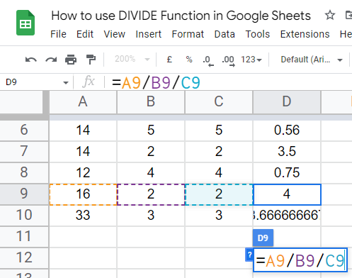 how to use the DIVIDE Function in Google Sheets 16