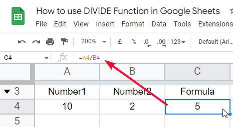 how to use the DIVIDE Function in Google Sheets 2