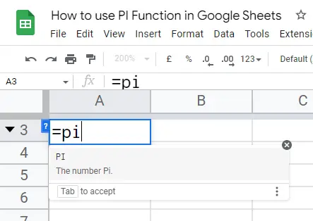 how to use the PI Function in Google Sheets 1