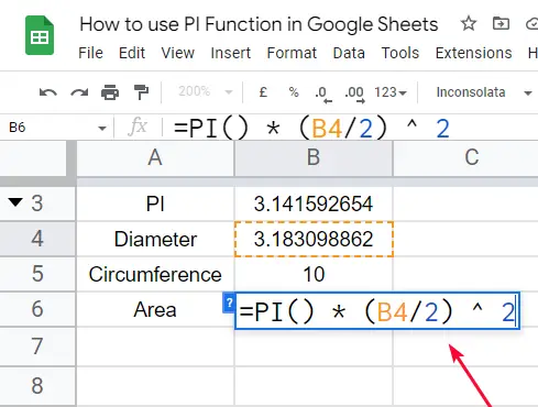 how to use the PI Function in Google Sheets 13