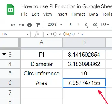 how to use the PI Function in Google Sheets 14