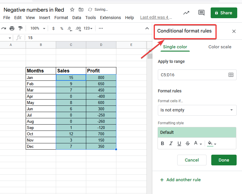 How to Show Negative Numbers in Red in Google Sheets 5