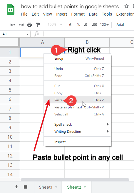 How to add bullet points in google sheets 4