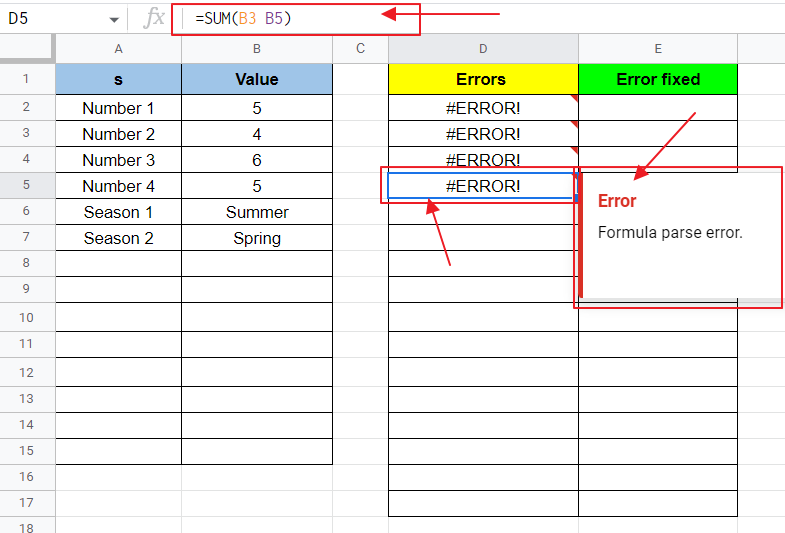 How to fix Formula Parse Error in Google Sheets 5B