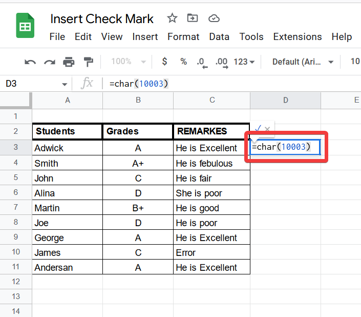 How to insert Check Mark Symbol In Google Sheets 10