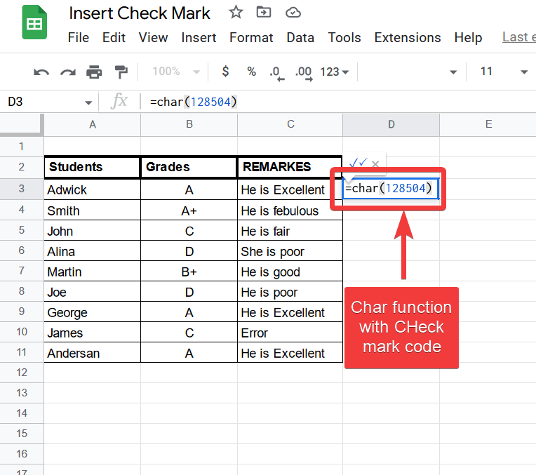 How to insert Check Mark Symbol In Google Sheets 13